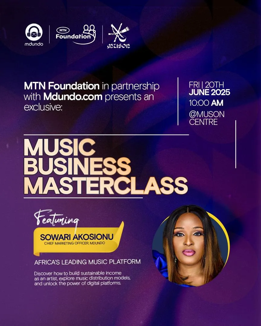 Event flyer for a Music Business Masterclass featuring Sowari Akosionu, with partner logos and event details